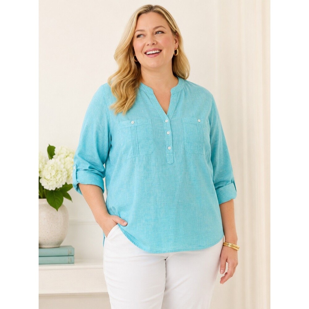 New Talbots 100% Linen Button Shirt Women's Petites Sz 3XP Aqua Roll Tab Sleeve